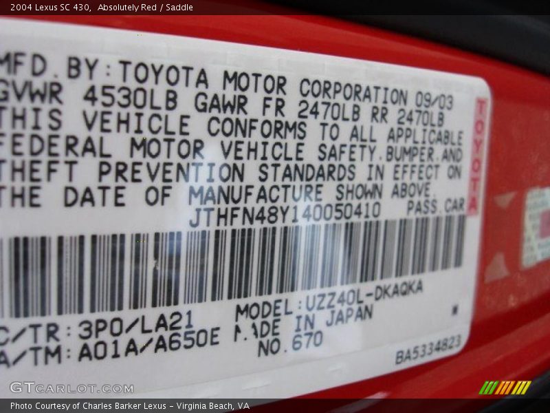 Absolutely Red / Saddle 2004 Lexus SC 430