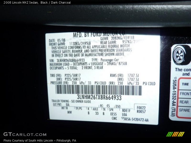 Black / Dark Charcoal 2008 Lincoln MKZ Sedan