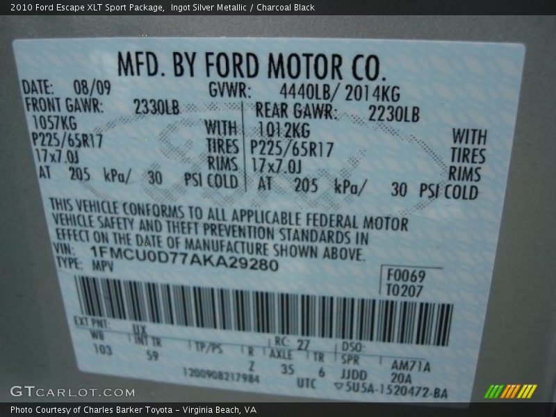 Ingot Silver Metallic / Charcoal Black 2010 Ford Escape XLT Sport Package