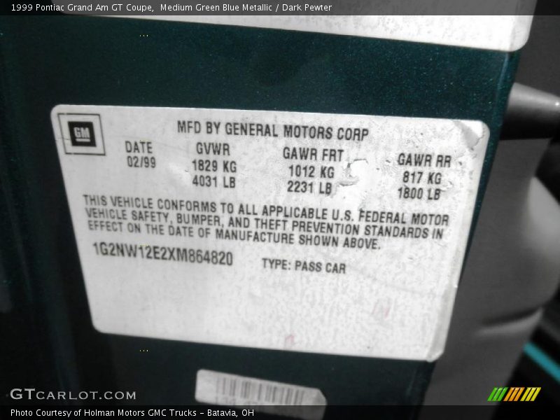 Medium Green Blue Metallic / Dark Pewter 1999 Pontiac Grand Am GT Coupe