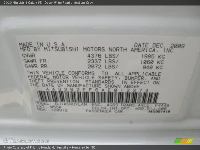 Dover White Pearl / Medium Gray 2010 Mitsubishi Galant FE