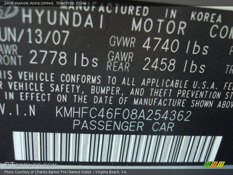 Silver Frost / Gray 2008 Hyundai Azera Limited