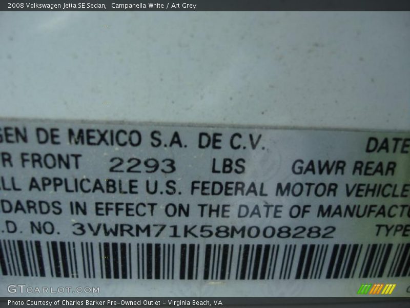 Campanella White / Art Grey 2008 Volkswagen Jetta SE Sedan