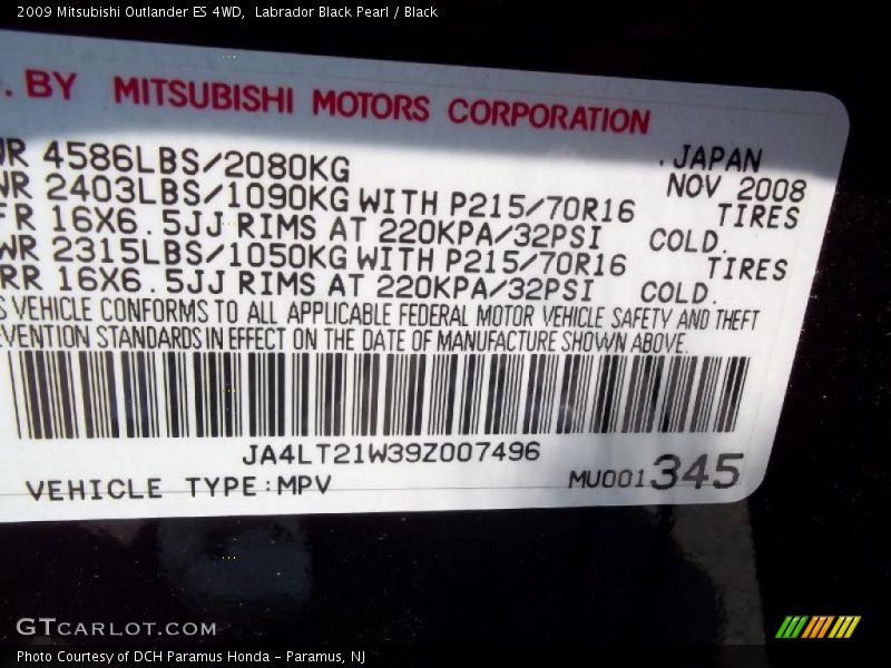 Labrador Black Pearl / Black 2009 Mitsubishi Outlander ES 4WD