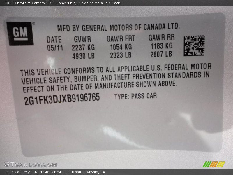 Info Tag of 2011 Camaro SS/RS Convertible