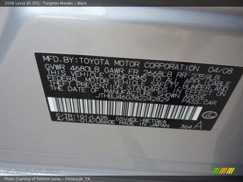 Tungsten Metallic / Black 2008 Lexus ES 350