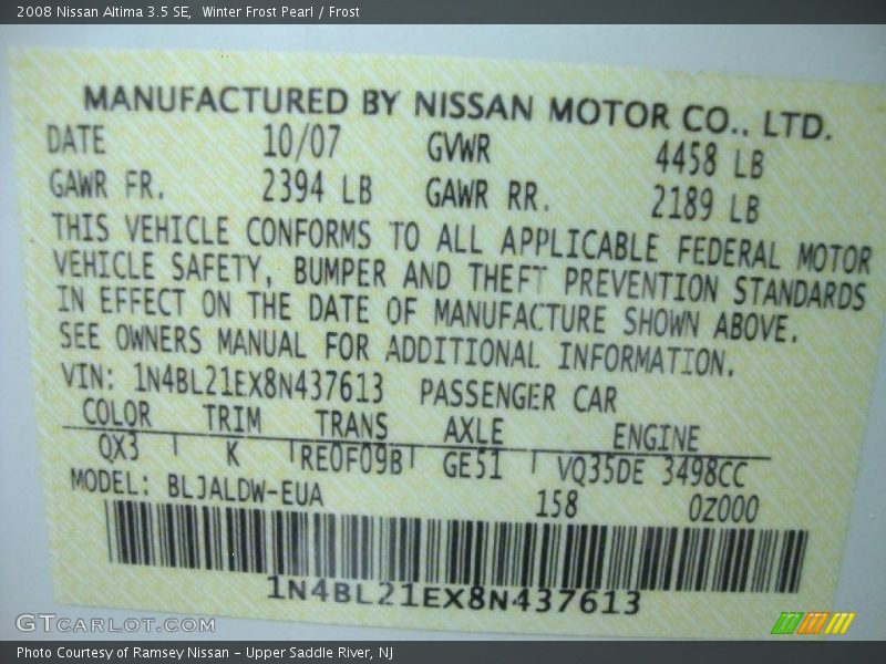 Winter Frost Pearl / Frost 2008 Nissan Altima 3.5 SE