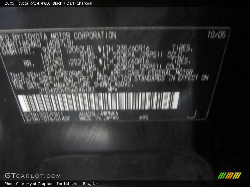 Black / Dark Charcoal 2005 Toyota RAV4 4WD