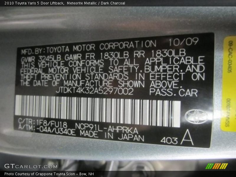 Meteorite Metallic / Dark Charcoal 2010 Toyota Yaris 5 Door Liftback