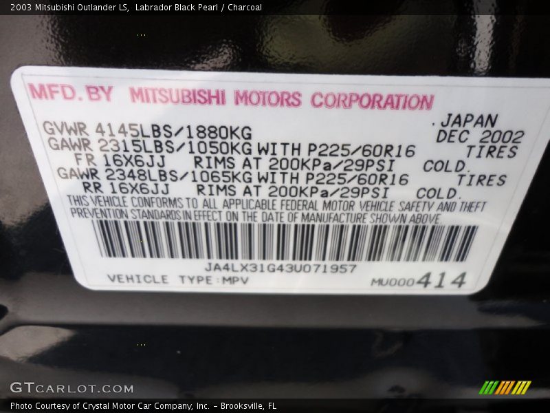 Info Tag of 2003 Outlander LS