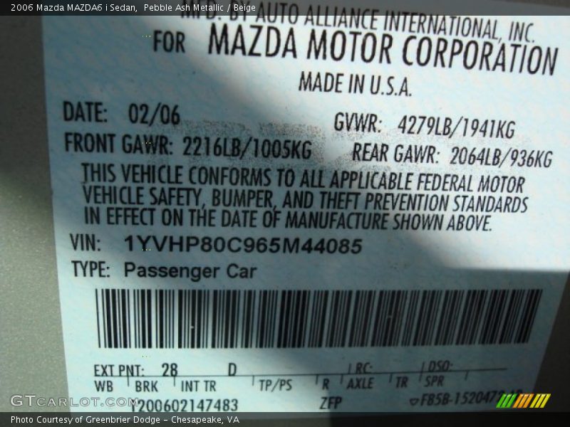 Pebble Ash Metallic / Beige 2006 Mazda MAZDA6 i Sedan