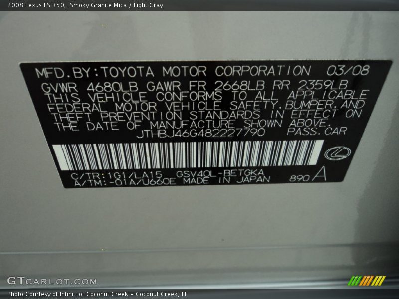Smoky Granite Mica / Light Gray 2008 Lexus ES 350