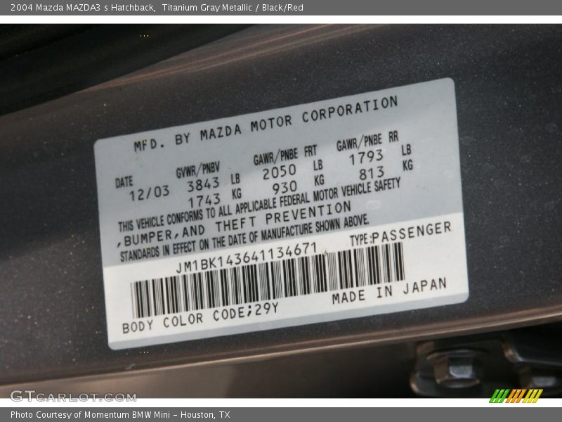 Titanium Gray Metallic / Black/Red 2004 Mazda MAZDA3 s Hatchback