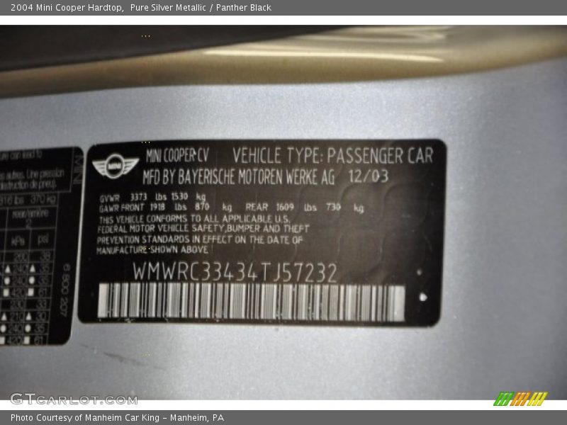 Pure Silver Metallic / Panther Black 2004 Mini Cooper Hardtop