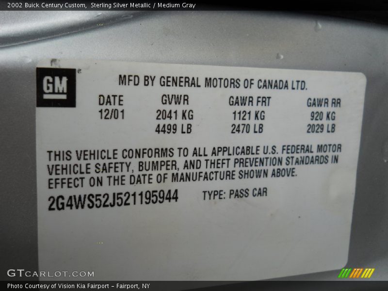 Sterling Silver Metallic / Medium Gray 2002 Buick Century Custom
