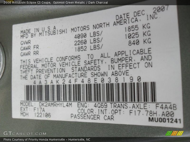 Optimist Green Metallic / Dark Charcoal 2008 Mitsubishi Eclipse GS Coupe