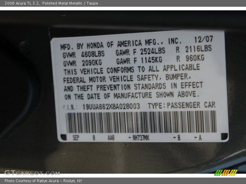 Polished Metal Metallic / Taupe 2008 Acura TL 3.2