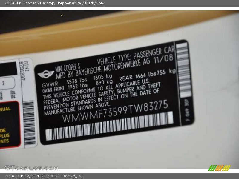 Pepper White / Black/Grey 2009 Mini Cooper S Hardtop