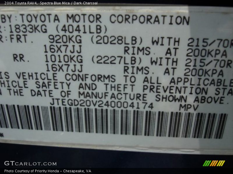 Spectra Blue Mica / Dark Charcoal 2004 Toyota RAV4
