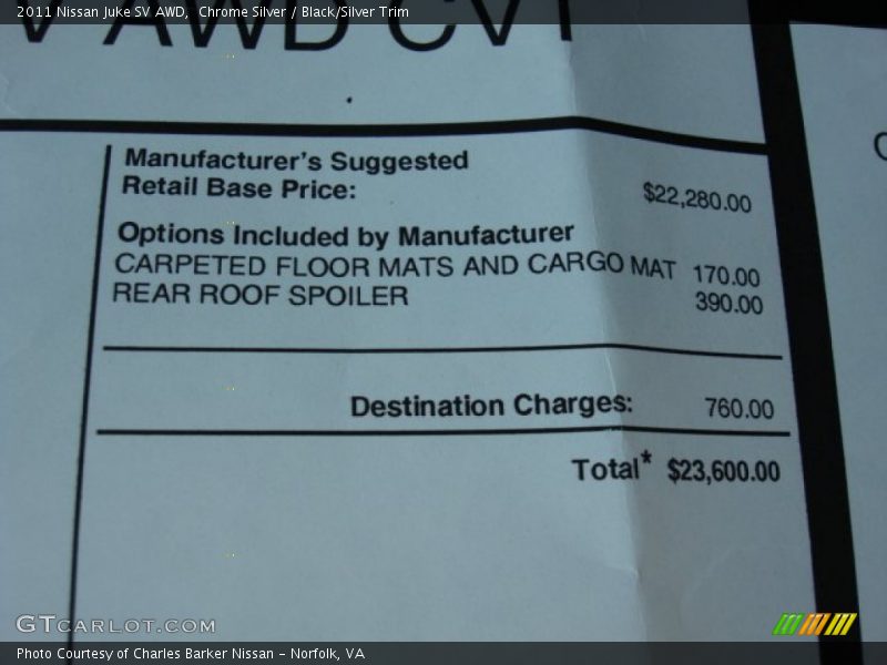  2011 Juke SV AWD Window Sticker