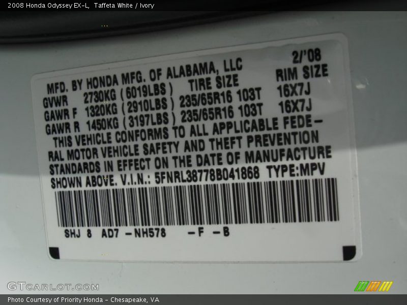Taffeta White / Ivory 2008 Honda Odyssey EX-L