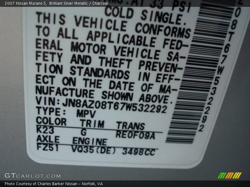 Brilliant Silver Metallic / Charcoal 2007 Nissan Murano S