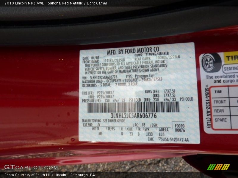 2010 MKZ AWD Sangria Red Metallic Color Code JV