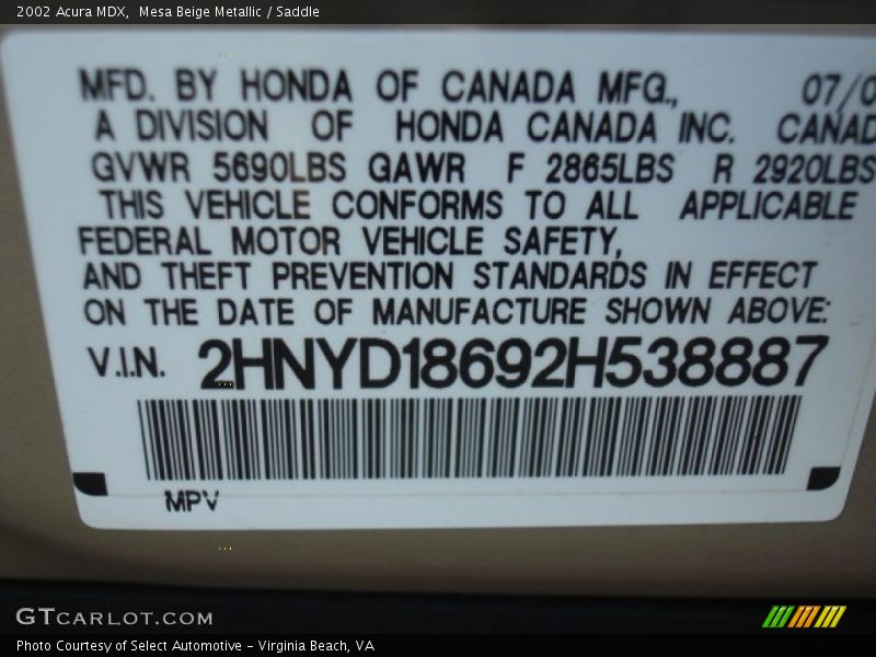 Info Tag of 2002 MDX 