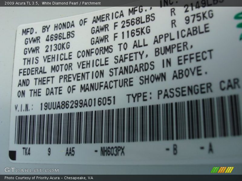 White Diamond Pearl / Parchment 2009 Acura TL 3.5