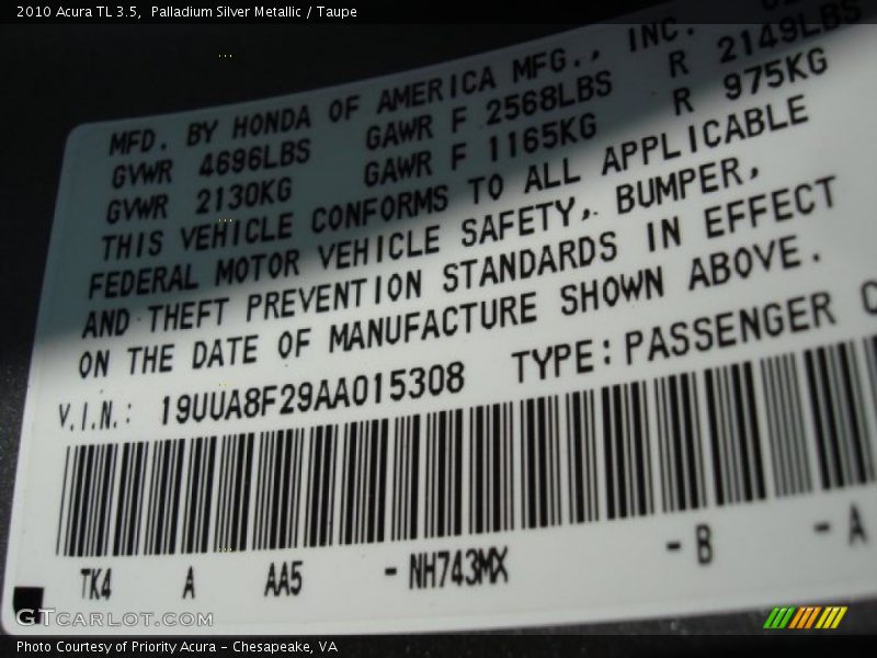 Palladium Silver Metallic / Taupe 2010 Acura TL 3.5