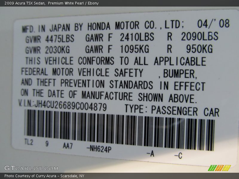 Premium White Pearl / Ebony 2009 Acura TSX Sedan