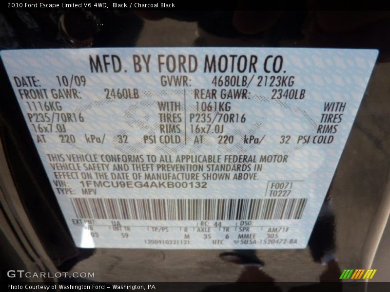 Black / Charcoal Black 2010 Ford Escape Limited V6 4WD