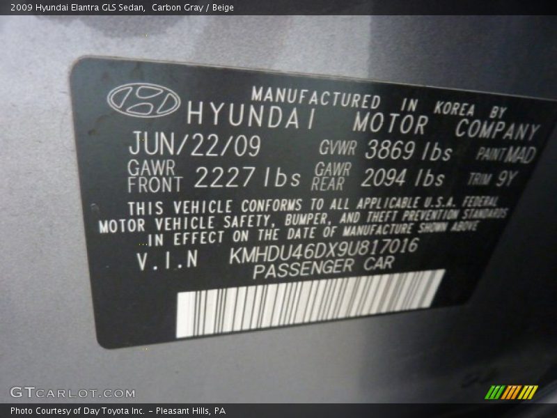 Carbon Gray / Beige 2009 Hyundai Elantra GLS Sedan