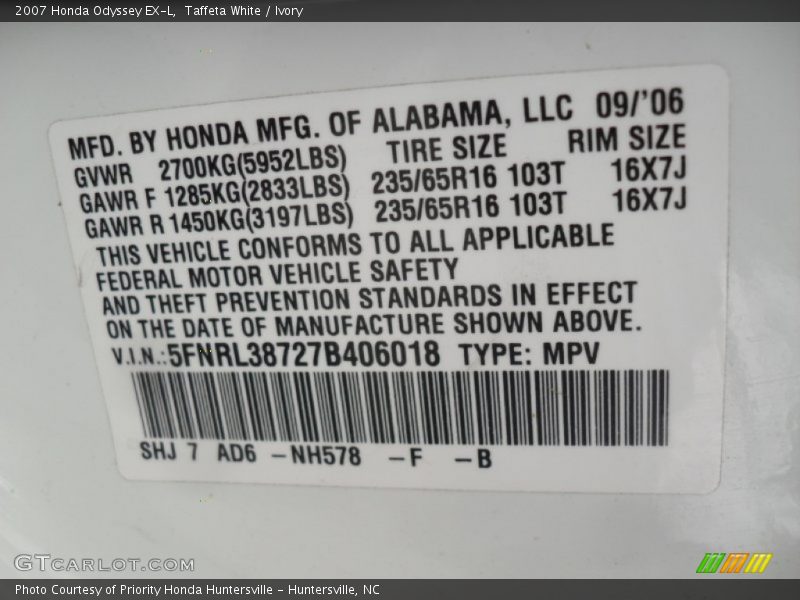 Taffeta White / Ivory 2007 Honda Odyssey EX-L