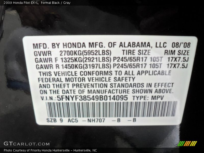 Formal Black / Gray 2009 Honda Pilot EX-L
