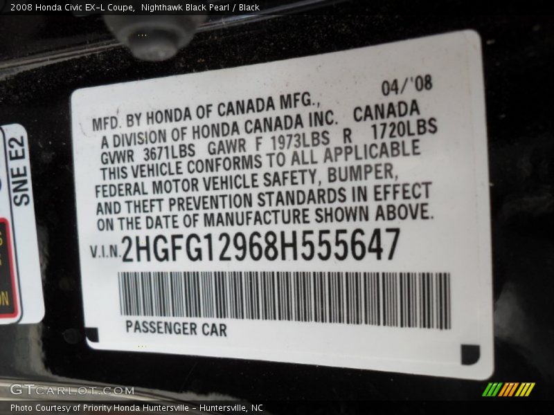 Nighthawk Black Pearl / Black 2008 Honda Civic EX-L Coupe