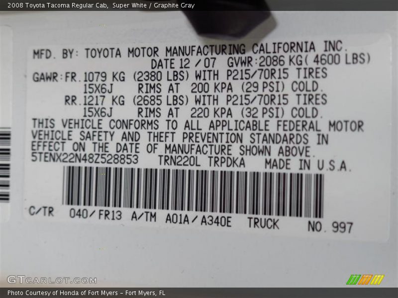 Super White / Graphite Gray 2008 Toyota Tacoma Regular Cab
