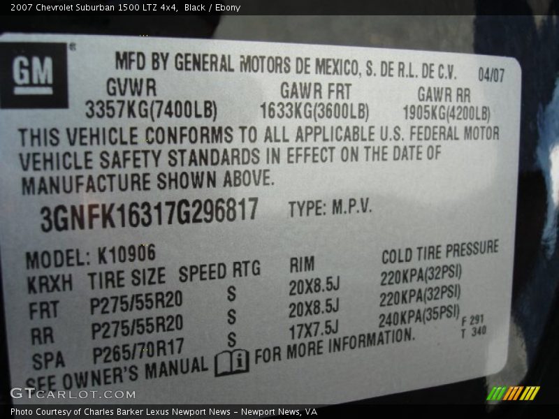 Info Tag of 2007 Suburban 1500 LTZ 4x4