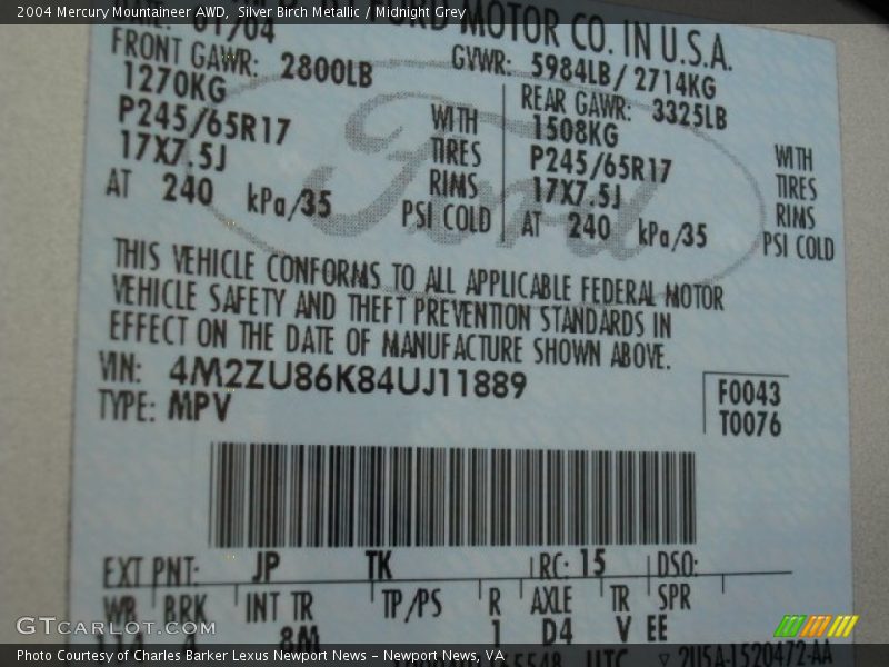 Silver Birch Metallic / Midnight Grey 2004 Mercury Mountaineer AWD