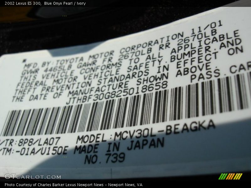Blue Onyx Pearl / Ivory 2002 Lexus ES 300