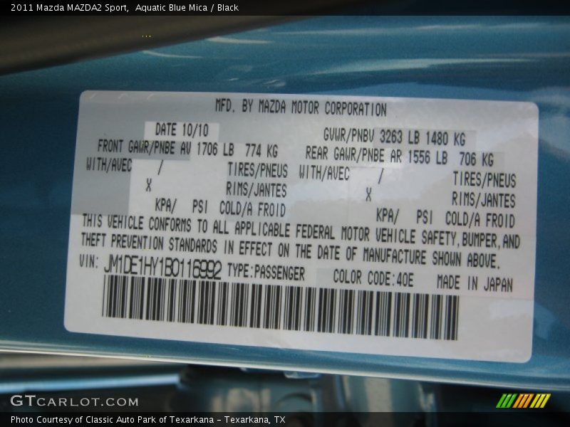 2011 MAZDA2 Sport Aquatic Blue Mica Color Code 40E