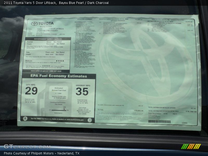 2011 Yaris 5 Door Liftback Window Sticker