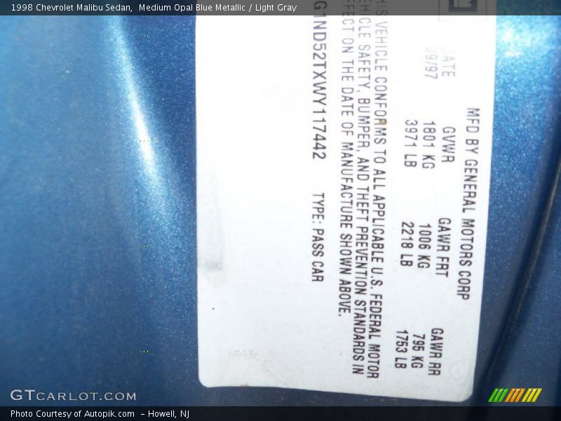 Medium Opal Blue Metallic / Light Gray 1998 Chevrolet Malibu Sedan