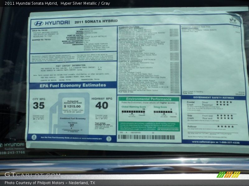  2011 Sonata Hybrid Window Sticker