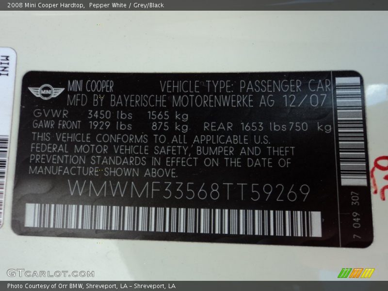 Pepper White / Grey/Black 2008 Mini Cooper Hardtop