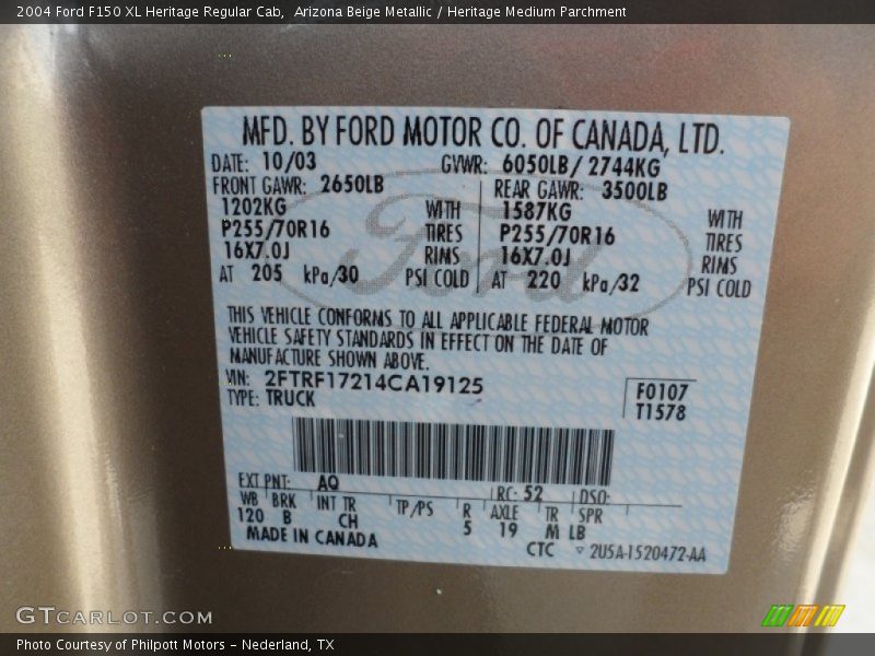 2004 F150 XL Heritage Regular Cab Arizona Beige Metallic Color Code AQ