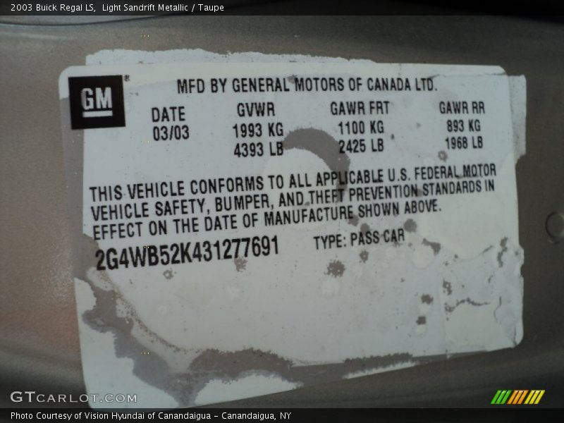 Light Sandrift Metallic / Taupe 2003 Buick Regal LS