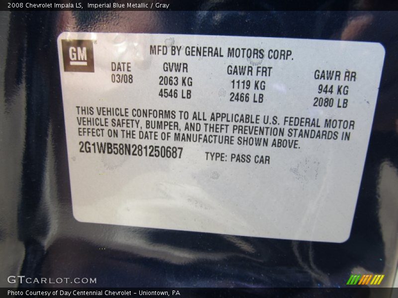 Imperial Blue Metallic / Gray 2008 Chevrolet Impala LS