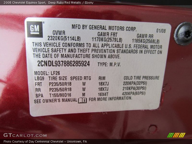 Info Tag of 2008 Equinox Sport