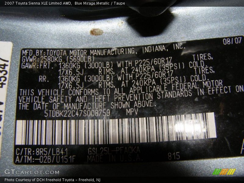 Blue Mirage Metallic / Taupe 2007 Toyota Sienna XLE Limited AWD